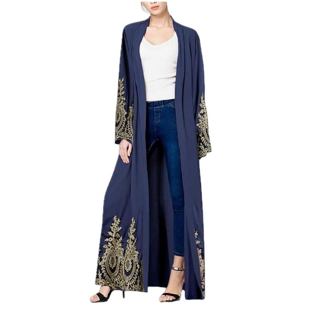 Abetteric Women's L Navy Kaftan Muslim Abaya Open Cardigan Dress Islamic Dubai
